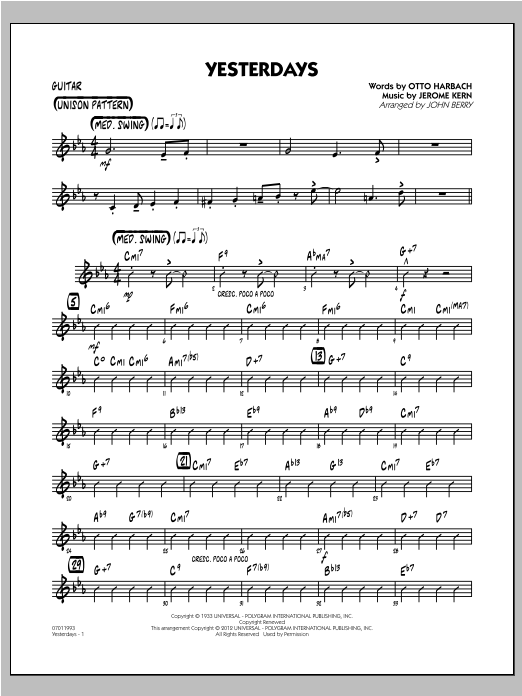 Learn to play John Berry Yesterdays - Guitar sheet music for Jazz Ensemble in minutes. John Berry Yesterdays - Guitar sheet music preview music notes and score for Jazz Ensemble including 2 page(s)