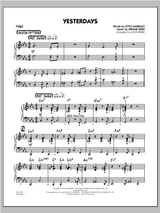 Learn to play John Berry Yesterdays - Piano sheet music for Jazz Ensemble in minutes. John Berry Yesterdays - Piano sheet music preview music notes and score for Jazz Ensemble including 4 page(s)