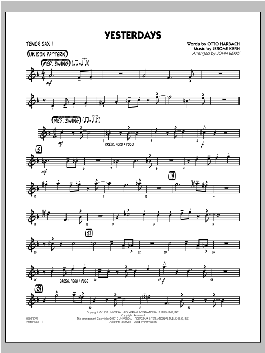 Learn to play John Berry Yesterdays - Tenor Sax 1 sheet music for Jazz Ensemble in minutes. John Berry Yesterdays - Tenor Sax 1 sheet music preview music notes and score for Jazz Ensemble including 2 page(s)