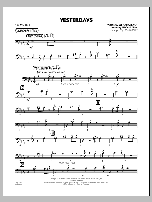 Learn to play John Berry Yesterdays - Trombone 1 sheet music for Jazz Ensemble in minutes. John Berry Yesterdays - Trombone 1 sheet music preview music notes and score for Jazz Ensemble including 2 page(s)