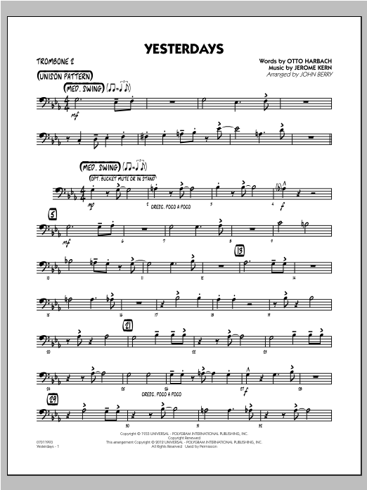 Learn to play John Berry Yesterdays - Trombone 2 sheet music for Jazz Ensemble in minutes. John Berry Yesterdays - Trombone 2 sheet music preview music notes and score for Jazz Ensemble including 2 page(s)