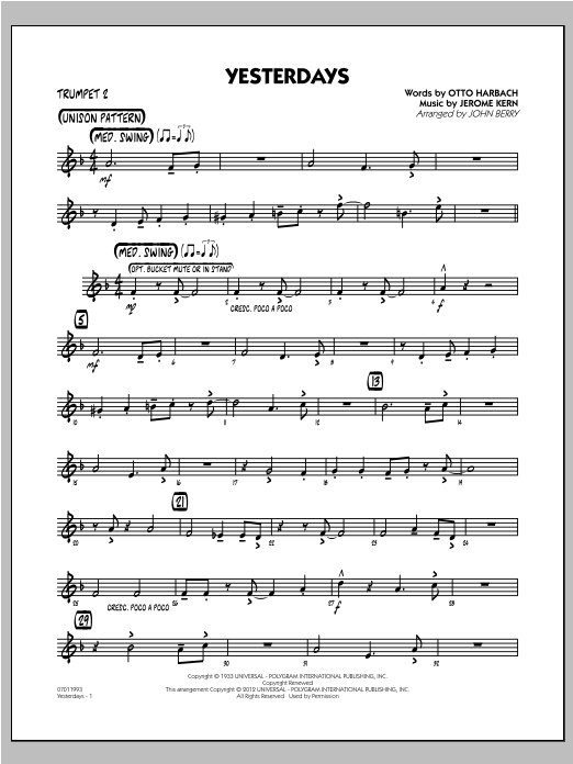 Learn to play John Berry Yesterdays - Trumpet 2 sheet music for Jazz Ensemble in minutes. John Berry Yesterdays - Trumpet 2 sheet music preview music notes and score for Jazz Ensemble including 2 page(s)