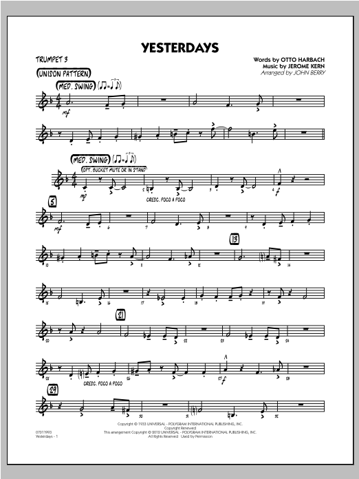 Learn to play John Berry Yesterdays - Trumpet 3 sheet music for Jazz Ensemble in minutes. John Berry Yesterdays - Trumpet 3 sheet music preview music notes and score for Jazz Ensemble including 2 page(s)