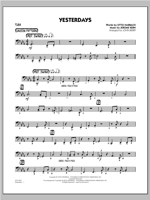 Learn to play John Berry Yesterdays - Tuba sheet music for Jazz Ensemble in minutes. John Berry Yesterdays - Tuba sheet music preview music notes and score for Jazz Ensemble including 2 page(s)
