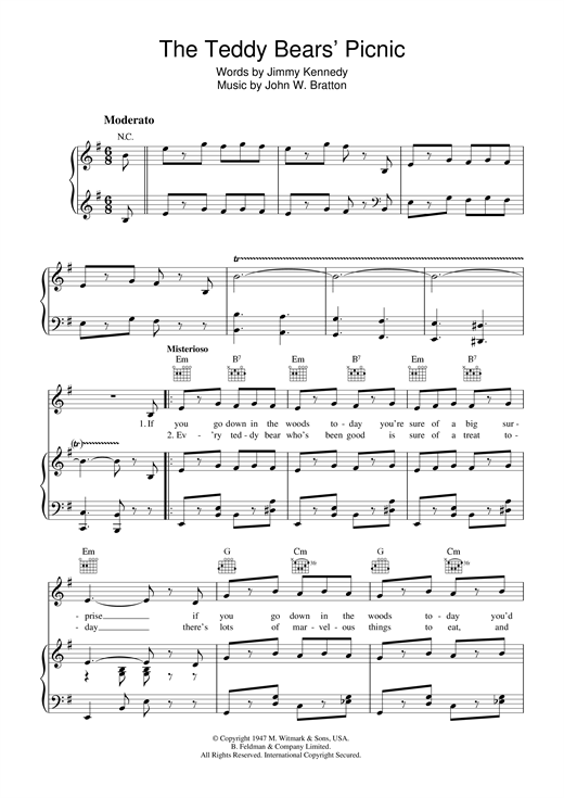 Learn to play John Bratton The Teddy Bears' Picnic sheet music for Piano, Vocal & Guitar (Right-Hand Melody) in minutes. John Bratton The Teddy Bears' Picnic sheet music notes and chords
