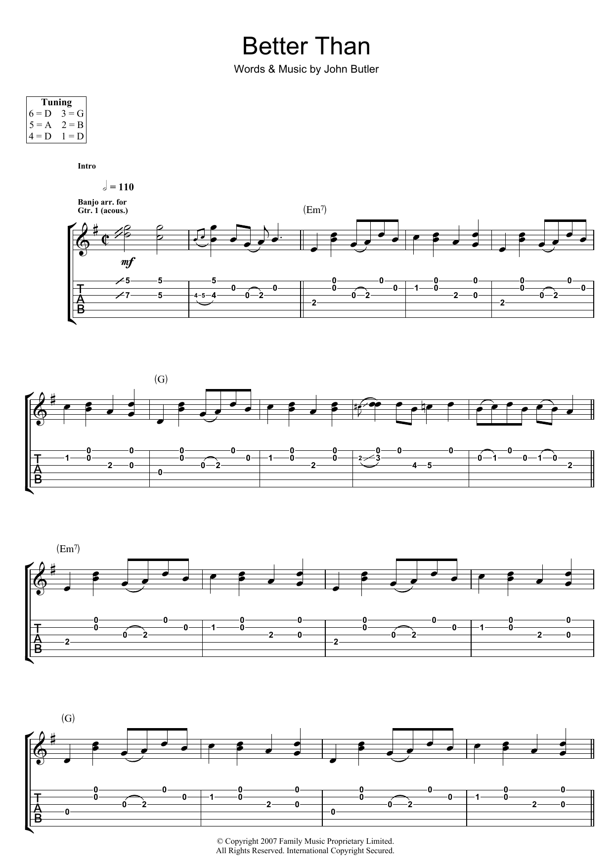 Learn to play John Butler Better Than sheet music for Guitar Tab in minutes. John Butler Better Than sheet music preview music notes and score for Guitar Tab including 7 page(s)