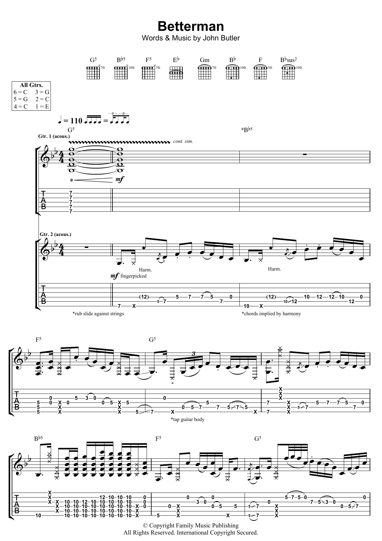 John Butler Betterman sheet music preview music notes and score for Guitar Tab including 12 page(s)