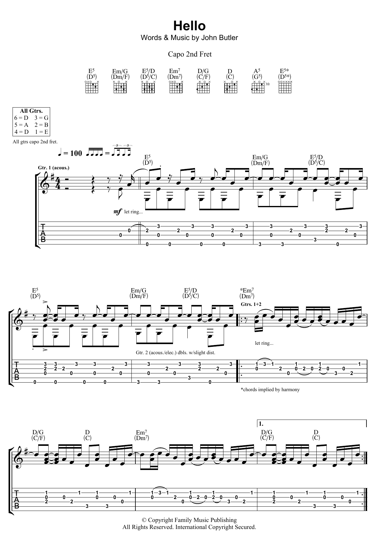 John Butler Hello sheet music preview music notes and score for Guitar Tab including 7 page(s)