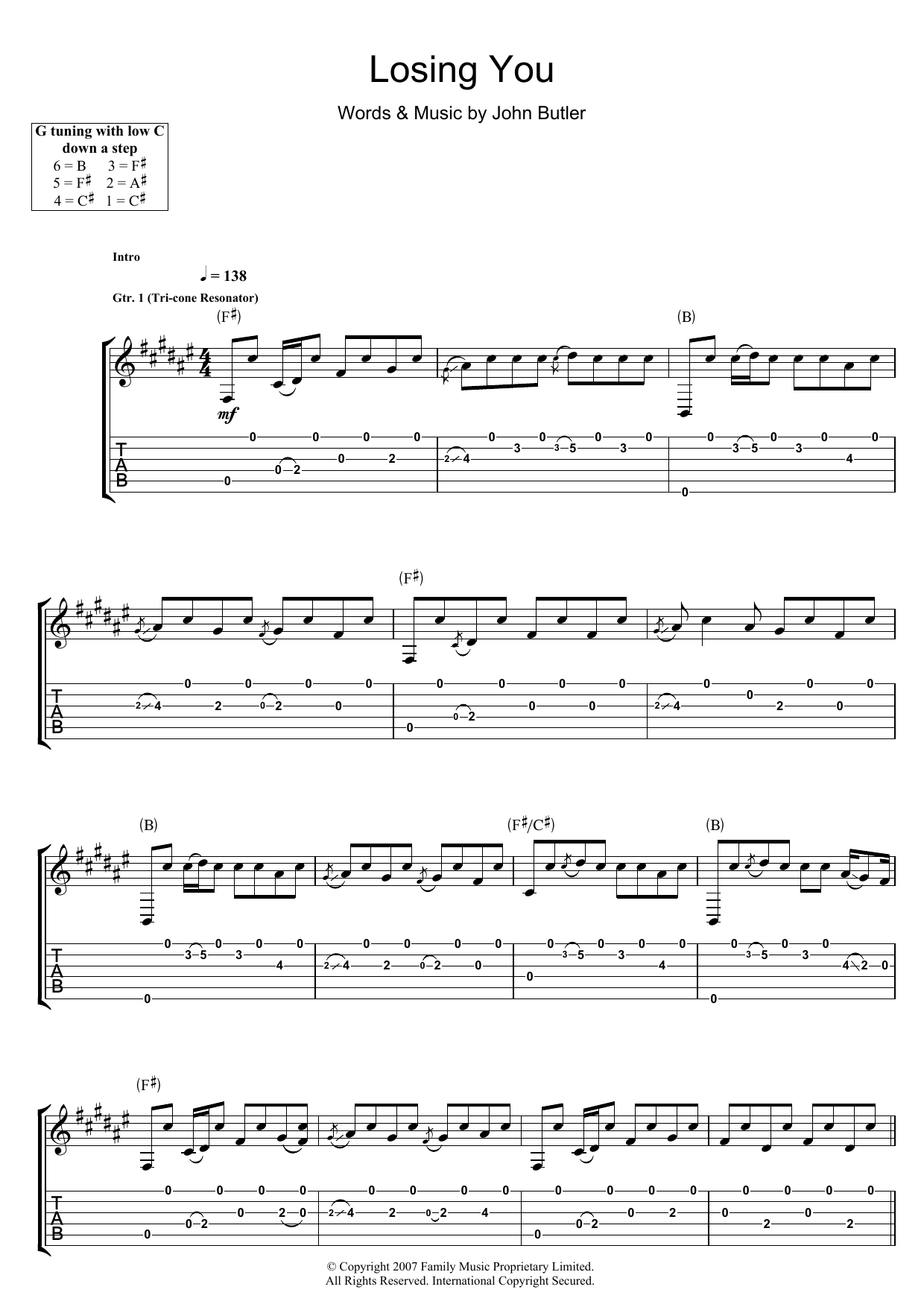 Learn to play John Butler Losing You sheet music for Guitar Tab in minutes. John Butler Losing You sheet music preview music notes and score for Guitar Tab including 8 page(s)