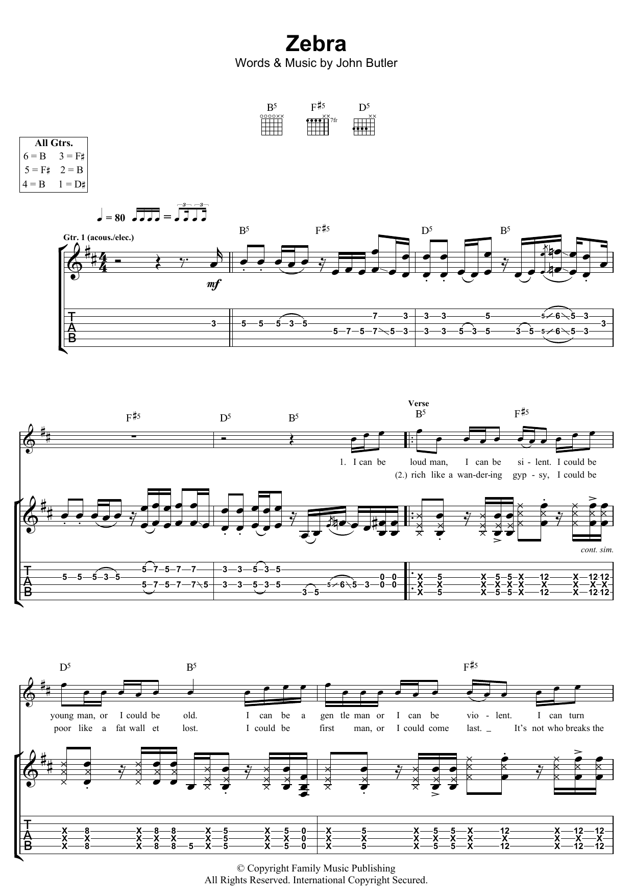John Butler Zebra sheet music preview music notes and score for Guitar Tab including 7 page(s)