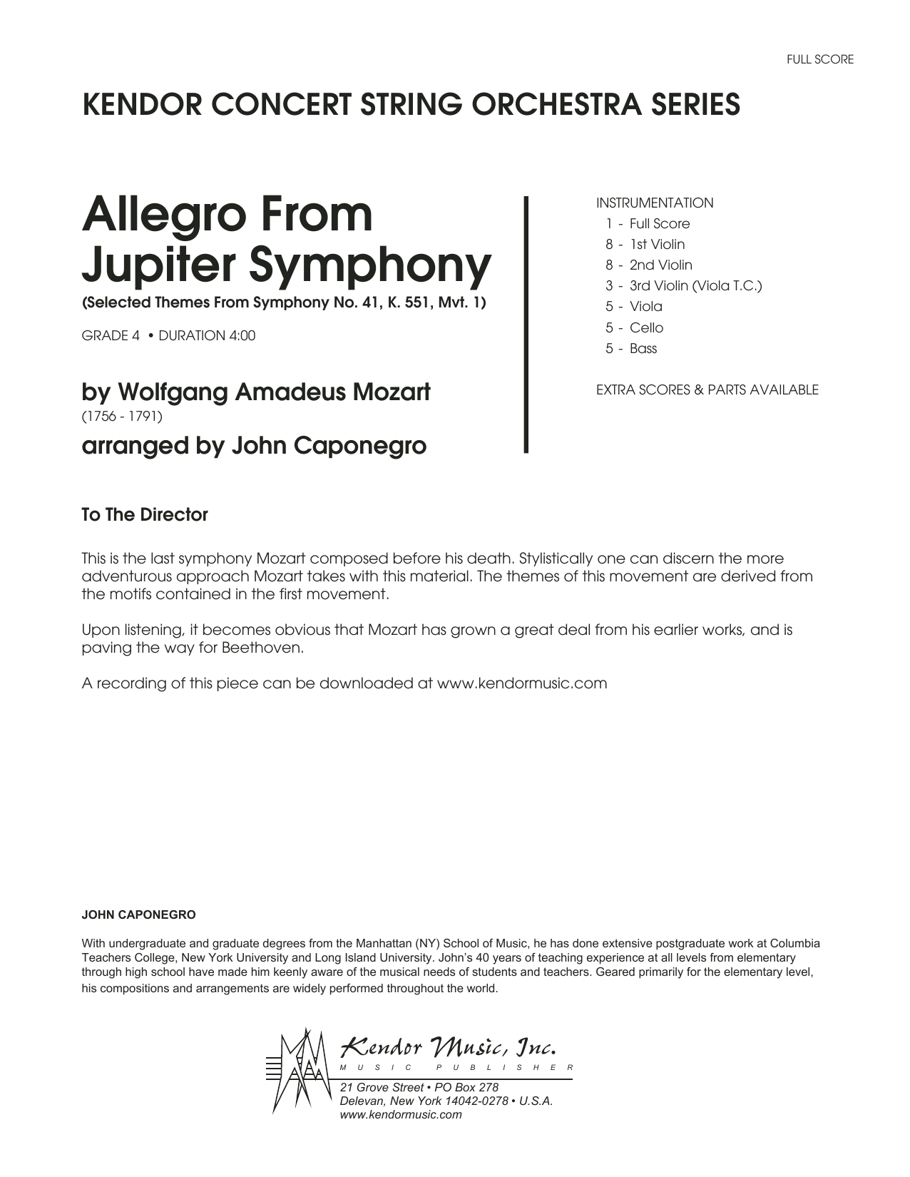 Learn to play John Caponegro Allegro From Jupiter Symphony - Full Score sheet music for Orchestra in minutes. John Caponegro Allegro From Jupiter Symphony - Full Score sheet music preview music notes and score for Orchestra including 11 page(s)