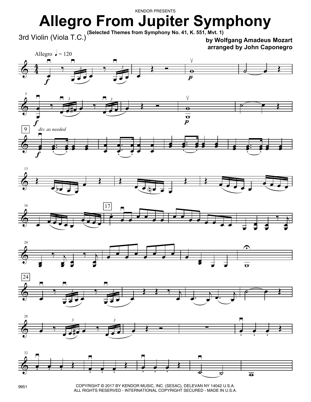 Learn to play John Caponegro Allegro From Jupiter Symphony - Violin 3 (Viola T.C.) sheet music for Orchestra in minutes. John Caponegro Allegro From Jupiter Symphony - Violin 3 (Viola T.C.) sheet music preview music notes and score for Orchestra including 3 page(s)