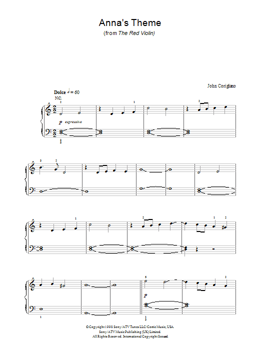 Learn to play John Corigliano Anna's Theme (from The Red Violin) sheet music for Easy Piano in minutes. John Corigliano Anna's Theme (from The Red Violin) sheet music preview music notes and score for Easy Piano including 2 page(s)