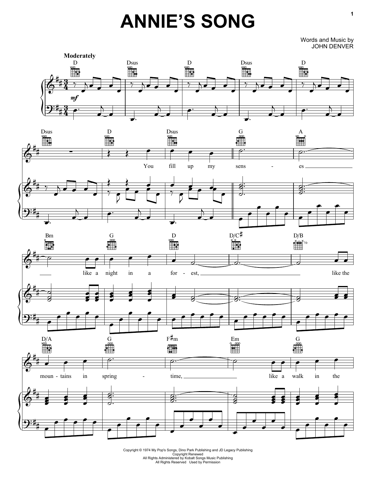 John Denver Annie's Song sheet music preview music notes and score for Piano including 2 page(s)