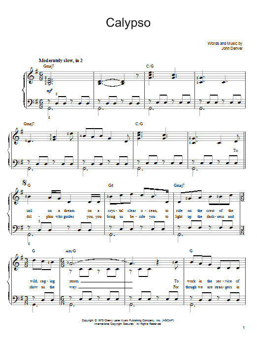 Learn to play John Denver Calypso sheet music for Easy Piano in minutes. John Denver Calypso sheet music preview music notes and score for Easy Piano including 4 page(s)