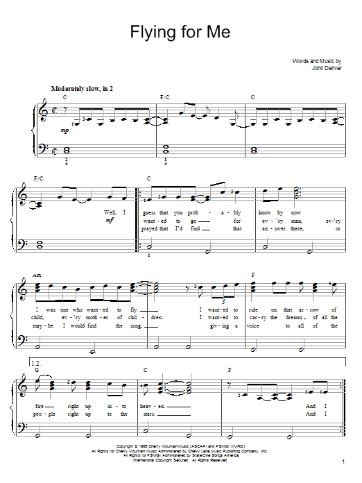 Learn to play John Denver Flying For Me sheet music for Easy Piano in minutes. John Denver Flying For Me sheet music preview music notes and score for Easy Piano including 5 page(s)