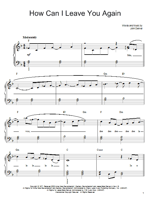 Learn to play John Denver How Can I Leave You Again sheet music for Easy Piano in minutes. John Denver How Can I Leave You Again sheet music preview music notes and score for Easy Piano including 4 page(s)