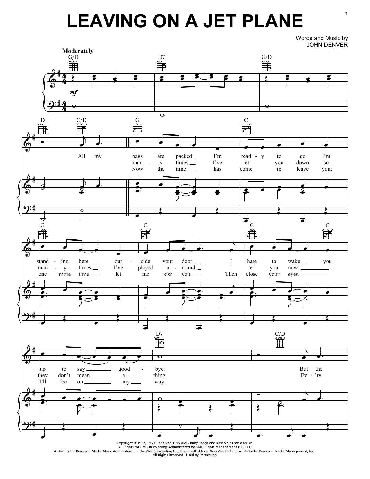 John Denver Leaving On A Jet Plane Sheet Music Download Pdf Score 187711