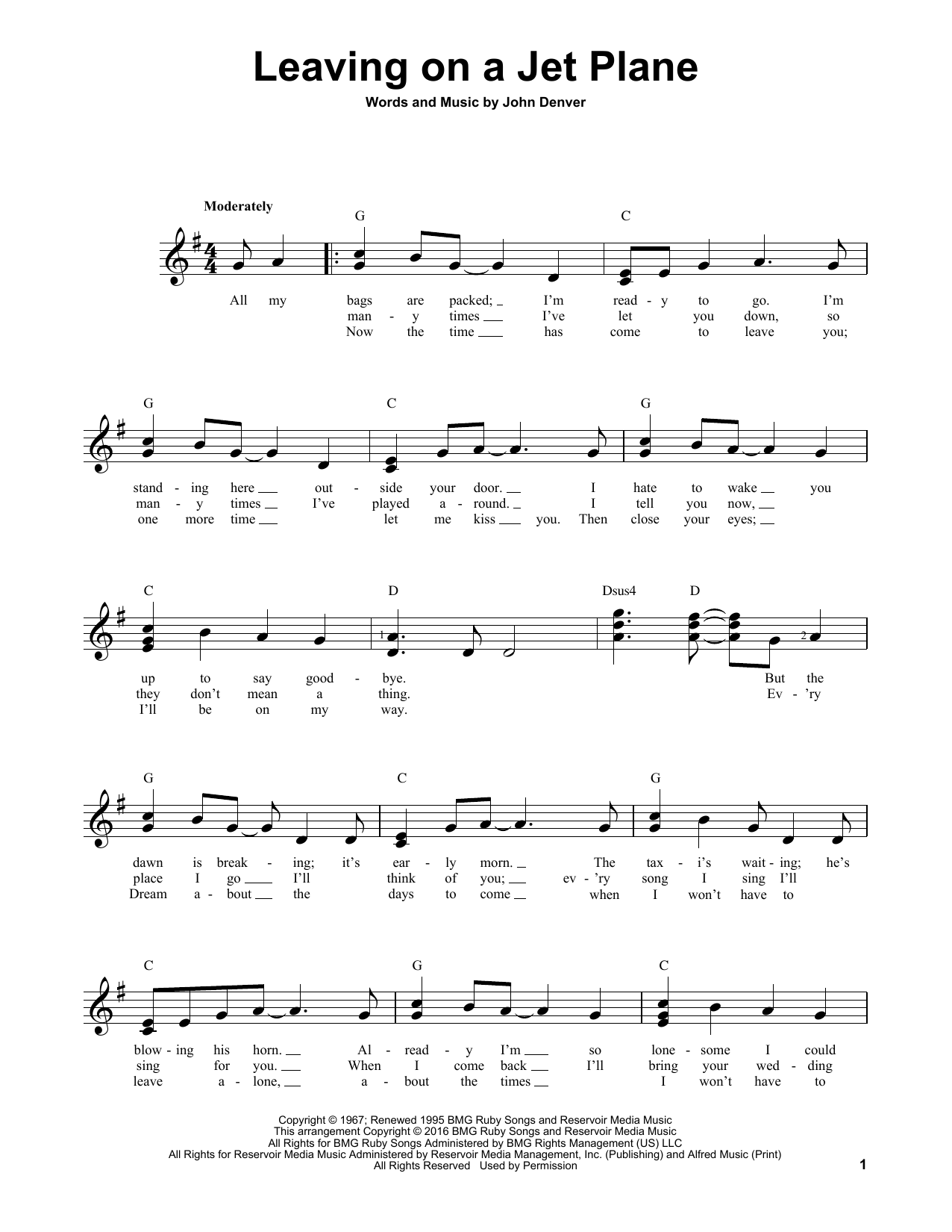 John Denver Leaving On A Jet Plane Sheet Music Download Pdf Score 187711 C am em gonna take her for a ride on a big jet plane (4x). download sheet music