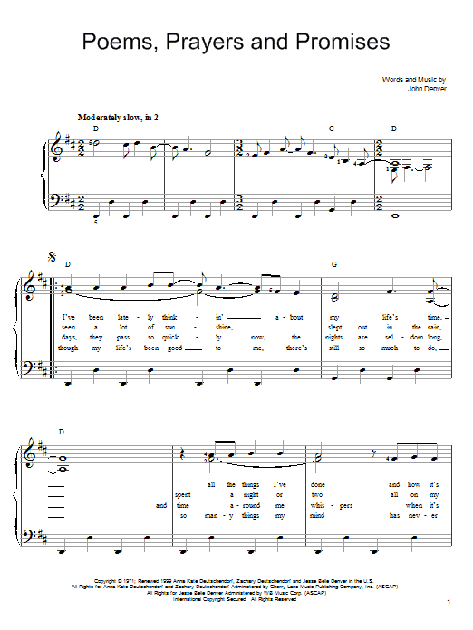 Learn to play John Denver Poems, Prayers And Promises sheet music for Easy Piano in minutes. John Denver Poems, Prayers And Promises sheet music preview music notes and score for Easy Piano including 5 page(s)
