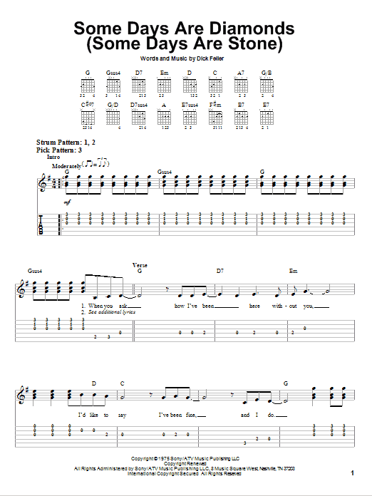 Learn to play John Denver Some Days Are Diamonds (Some Days Are Stone) sheet music for Easy Guitar Tab in minutes. John Denver Some Days Are Diamonds (Some Days Are Stone) sheet music preview music notes and score for Easy Guitar Tab including 3 page(s)