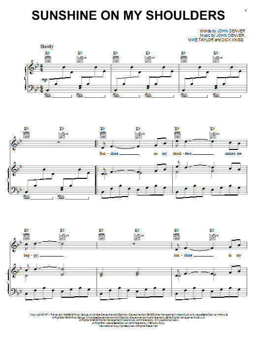Learn to play John Denver Sunshine On My Shoulders sheet music for Piano, Vocal & Guitar (Right-Hand Melody) in minutes. John Denver Sunshine On My Shoulders sheet music notes and chords