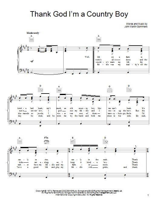 Learn to play John Denver Thank God I'm A Country Boy sheet music for Piano, Vocal & Guitar (Right-Hand Melody) in minutes. John Denver Thank God I'm A Country Boy sheet music notes and chords