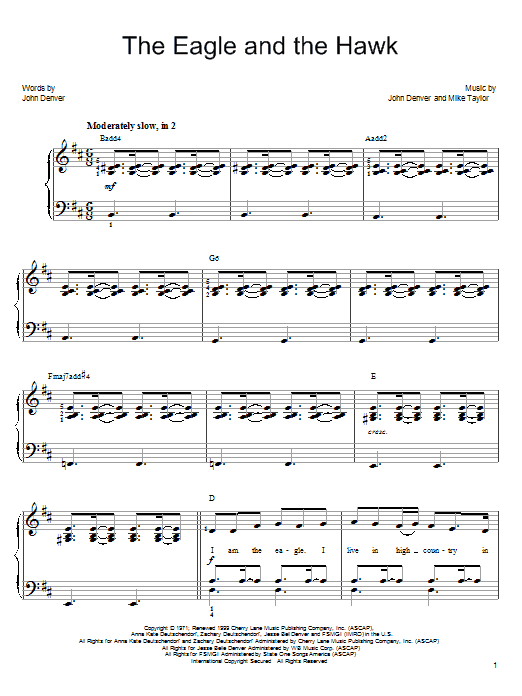Learn to play John Denver The Eagle And The Hawk sheet music for Easy Piano in minutes. John Denver The Eagle And The Hawk sheet music preview music notes and score for Easy Piano including 4 page(s)