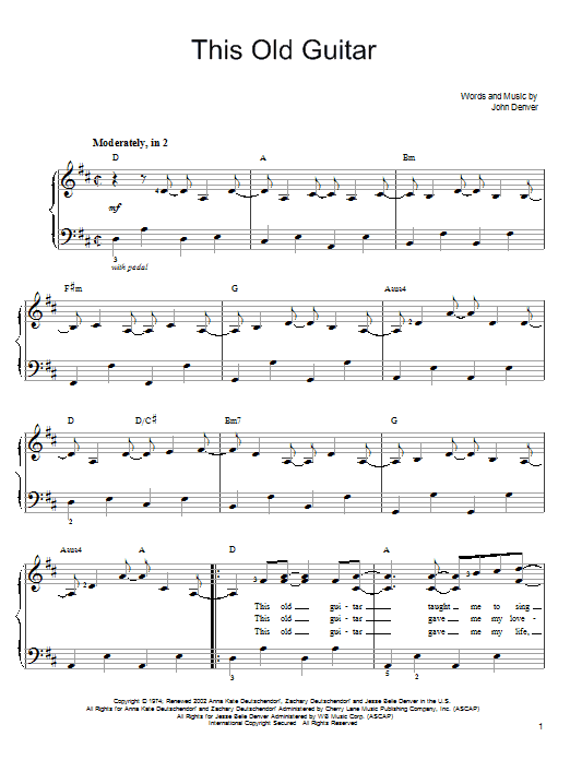 Learn to play John Denver This Old Guitar sheet music for Easy Piano in minutes. John Denver This Old Guitar sheet music preview music notes and score for Easy Piano including 3 page(s)