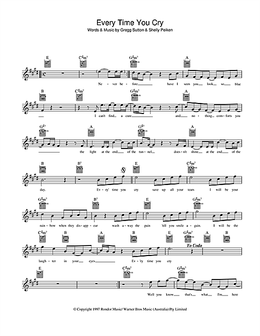 Learn to play John Farnham Every Time You Cry sheet music for Melody Line, Lyrics & Chords in minutes. John Farnham Every Time You Cry sheet music preview music notes and score for Melody Line, Lyrics & Chords including 2 page(s)