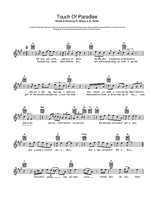 Learn to play John Farnham Touch Of Paradise sheet music for Melody Line, Lyrics & Chords in minutes. John Farnham Touch Of Paradise sheet music preview music notes and score for Melody Line, Lyrics & Chords including 2 page(s)