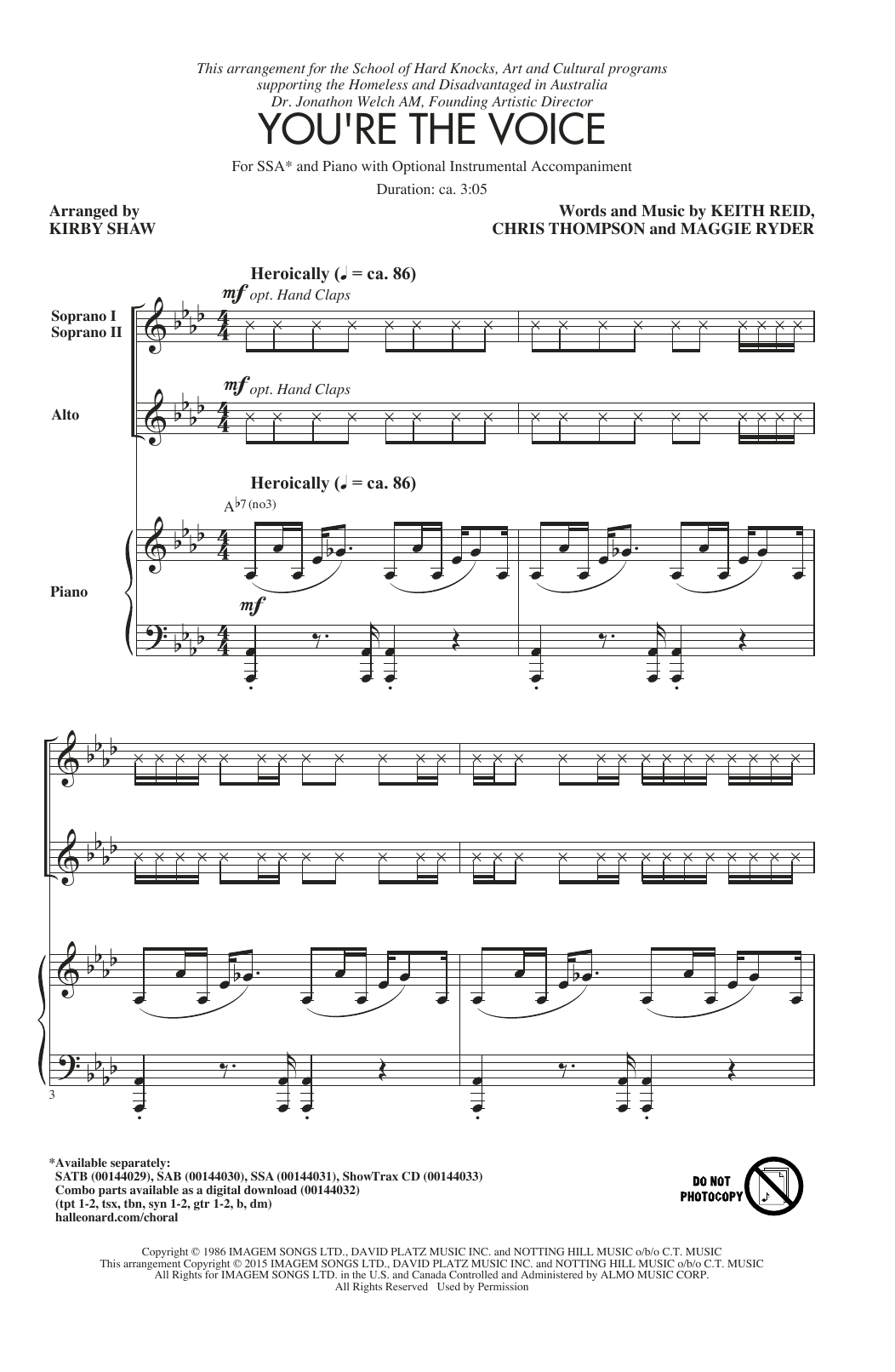 Learn to play John Farnham You're The Voice (arr. Kirby Shaw) sheet music for SSA in minutes. John Farnham You're The Voice (arr. Kirby Shaw) sheet music preview music notes and score for SSA including 10 page(s)