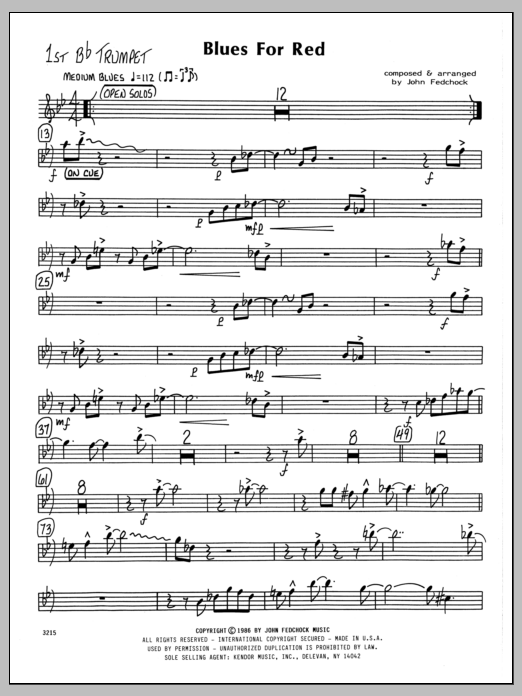 Learn to play John Fedchock Blues For Red - 1st Bb Trumpet sheet music for Jazz Ensemble in minutes. John Fedchock Blues For Red - 1st Bb Trumpet sheet music preview music notes and score for Jazz Ensemble including 2 page(s)