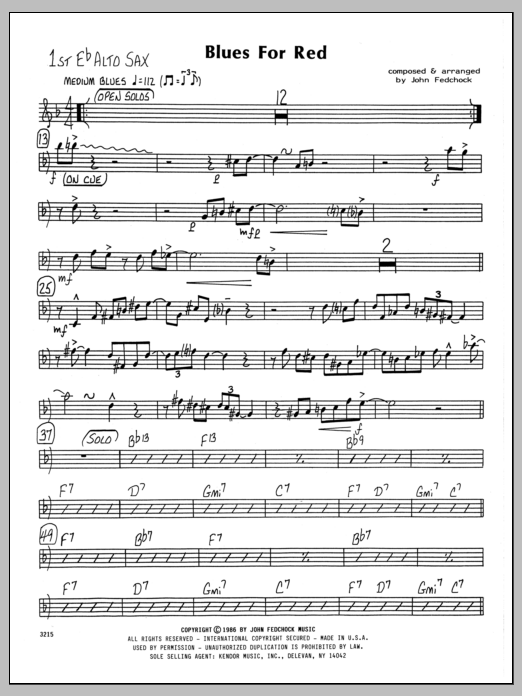 Learn to play John Fedchock Blues For Red - 1st Eb Alto Saxophone sheet music for Jazz Ensemble in minutes. John Fedchock Blues For Red - 1st Eb Alto Saxophone sheet music preview music notes and score for Jazz Ensemble including 2 page(s)