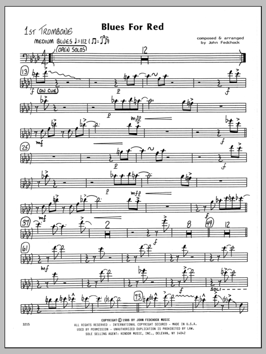 Learn to play John Fedchock Blues For Red - 1st Trombone sheet music for Jazz Ensemble in minutes. John Fedchock Blues For Red - 1st Trombone sheet music preview music notes and score for Jazz Ensemble including 2 page(s)