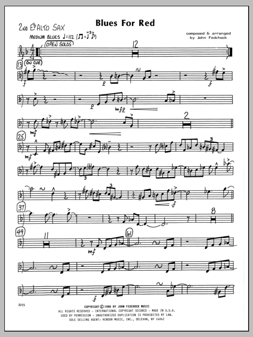 Learn to play John Fedchock Blues For Red - 2nd Eb Alto Saxophone sheet music for Jazz Ensemble in minutes. John Fedchock Blues For Red - 2nd Eb Alto Saxophone sheet music preview music notes and score for Jazz Ensemble including 2 page(s)