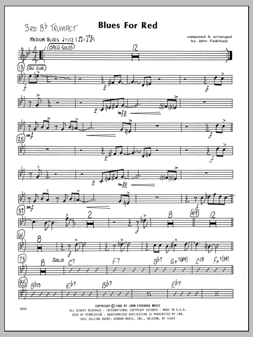 Learn to play John Fedchock Blues For Red - 3rd Bb Trumpet sheet music for Jazz Ensemble in minutes. John Fedchock Blues For Red - 3rd Bb Trumpet sheet music preview music notes and score for Jazz Ensemble including 2 page(s)