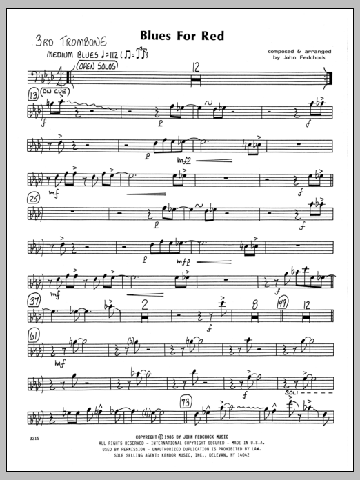 Learn to play John Fedchock Blues For Red - 3rd Trombone sheet music for Jazz Ensemble in minutes. John Fedchock Blues For Red - 3rd Trombone sheet music preview music notes and score for Jazz Ensemble including 2 page(s)