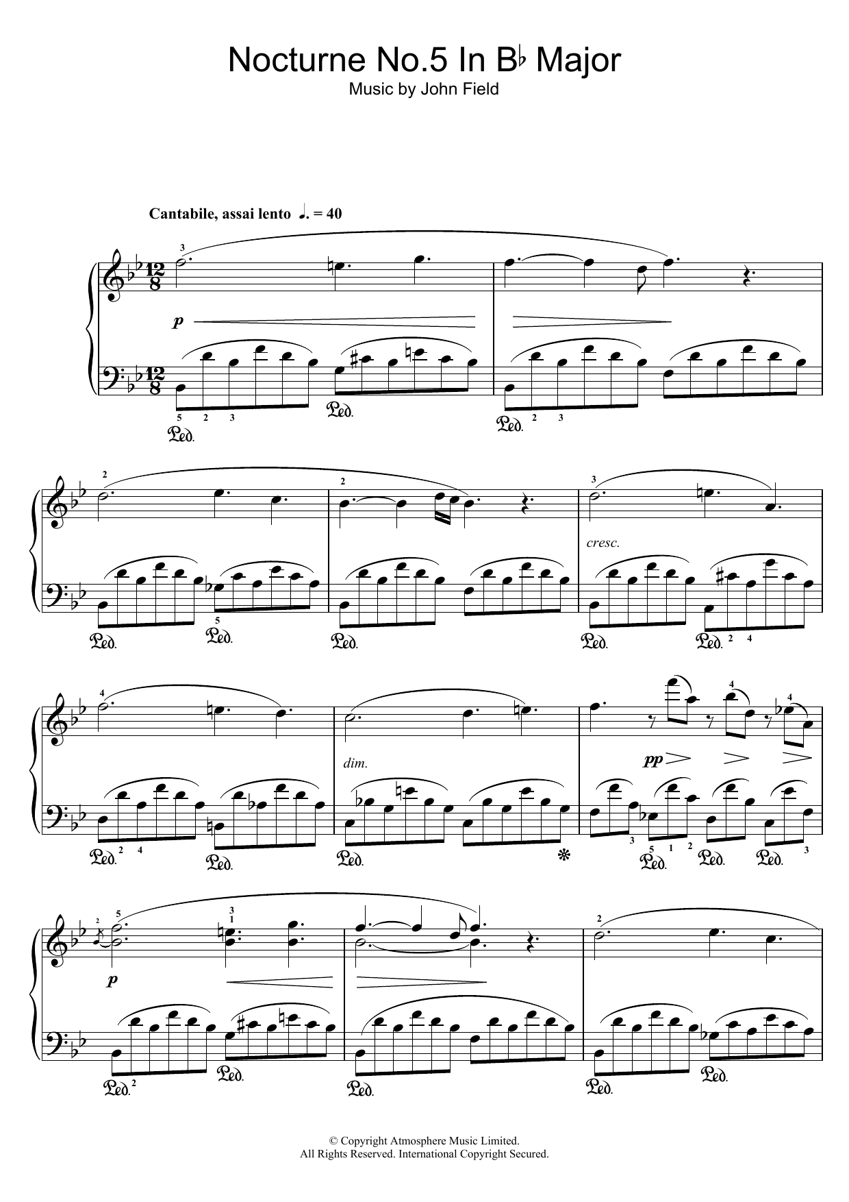 Learn to play John Field Nocturne No.5 In B Flat Major sheet music for Piano in minutes. John Field Nocturne No.5 In B Flat Major sheet music preview music notes and score for Piano including 4 page(s)