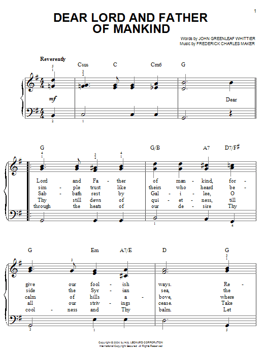 Learn to play John Greenleaf Whittier Dear Lord And Father Of Mankind sheet music for Easy Piano in minutes. John Greenleaf Whittier Dear Lord And Father Of Mankind sheet music preview music notes and score for Easy Piano including 2 page(s)