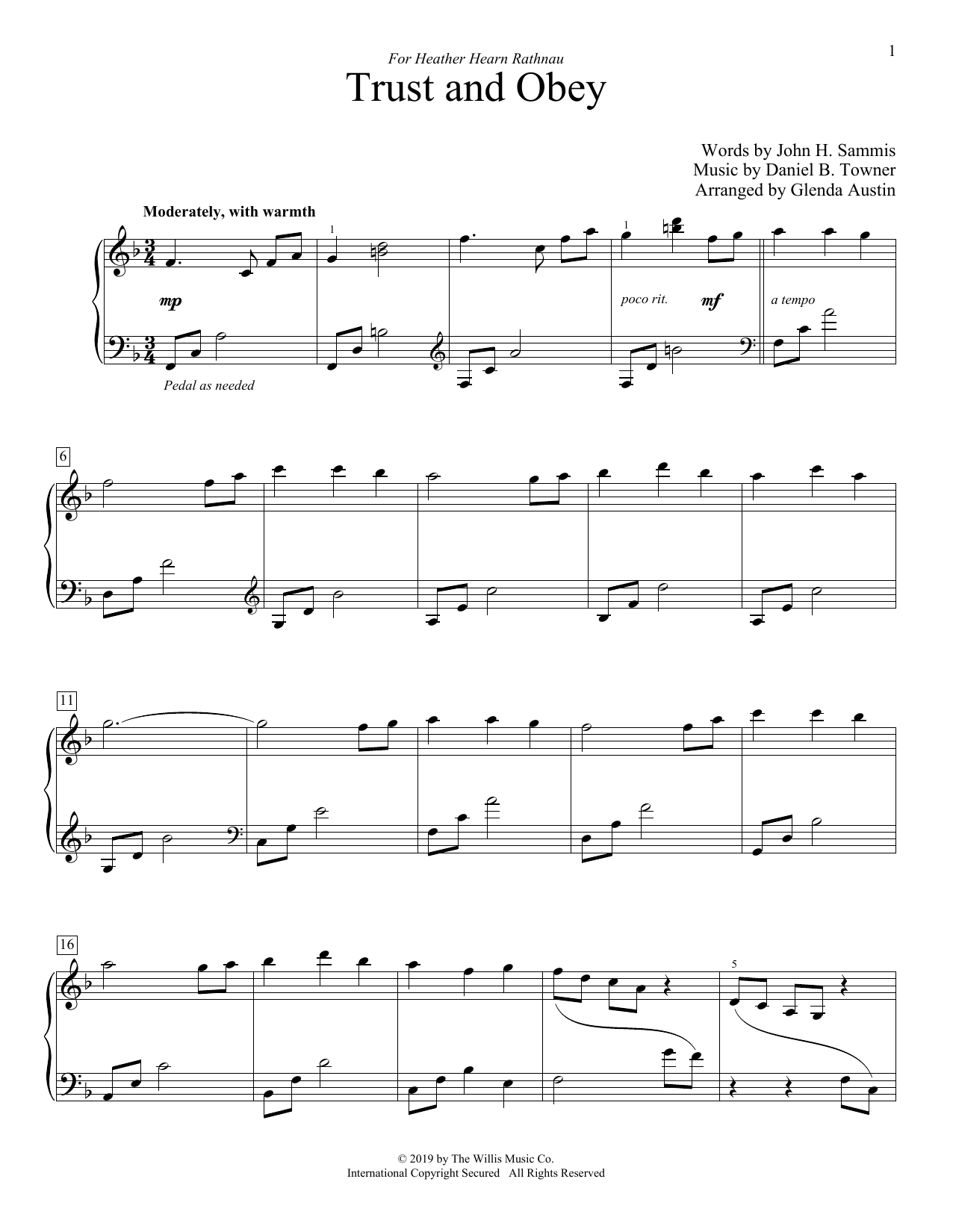 John H. Sammis Trust And Obey (arr. Glenda Austin) sheet music preview music notes and score for Educational Piano including 3 page(s)