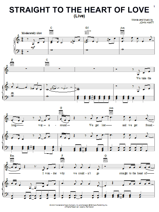Learn to play John Hiatt Straight To The Heart Of Love (Live) (from The Country Bears) sheet music for Piano, Vocal & Guitar (Right-Hand Melody) in minutes. John Hiatt Straight To The Heart Of Love (Live) (from The Country Bears) sheet music notes and chords