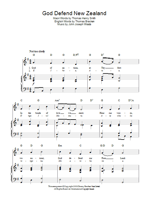 Learn to play John Joseph Woods God Defend New Zealand (New Zealand National Anthem) sheet music for Piano, Vocal & Guitar (Right-Hand Melody) in minutes. John Joseph Woods God Defend New Zealand (New Zealand National Anthem) sheet music preview music notes and score for Piano, Vocal & Guitar (Right-Hand Melody) including 2 page(s)