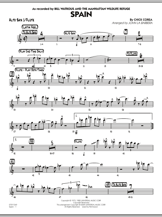 Learn to play John La Barbera Spain - Alto Sax 1/Flute sheet music for Jazz Ensemble in minutes. John La Barbera Spain - Alto Sax 1/Flute sheet music preview music notes and score for Jazz Ensemble including 3 page(s)