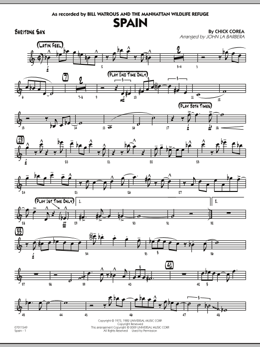 John La Barbera Spain - Baritone Sax sheet music preview music notes and score for Jazz Ensemble including 3 page(s)
