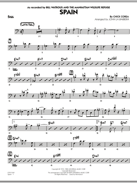 Learn to play John La Barbera Spain - Bass sheet music for Jazz Ensemble in minutes. John La Barbera Spain - Bass sheet music preview music notes and score for Jazz Ensemble including 3 page(s)