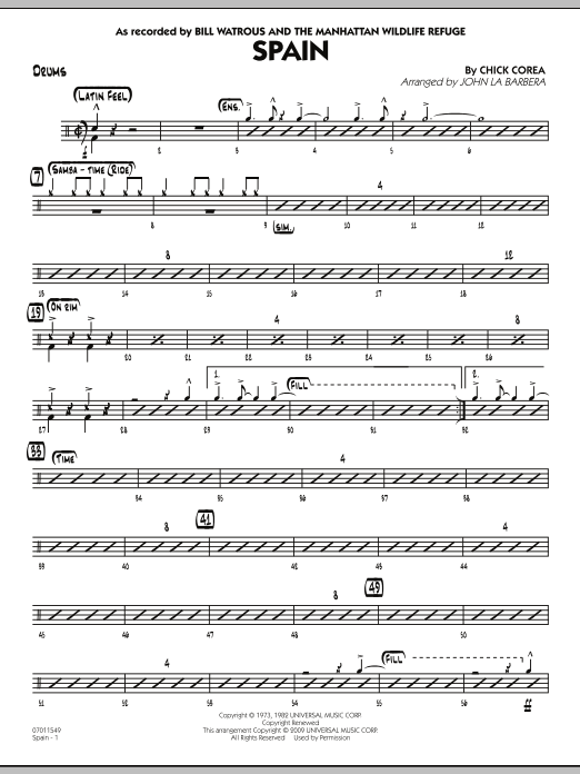 Learn to play John La Barbera Spain - Drums sheet music for Jazz Ensemble in minutes. John La Barbera Spain - Drums sheet music preview music notes and score for Jazz Ensemble including 3 page(s)