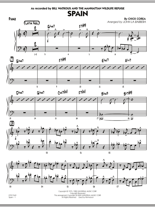 Learn to play John La Barbera Spain - Piano sheet music for Jazz Ensemble in minutes. John La Barbera Spain - Piano sheet music preview music notes and score for Jazz Ensemble including 4 page(s)