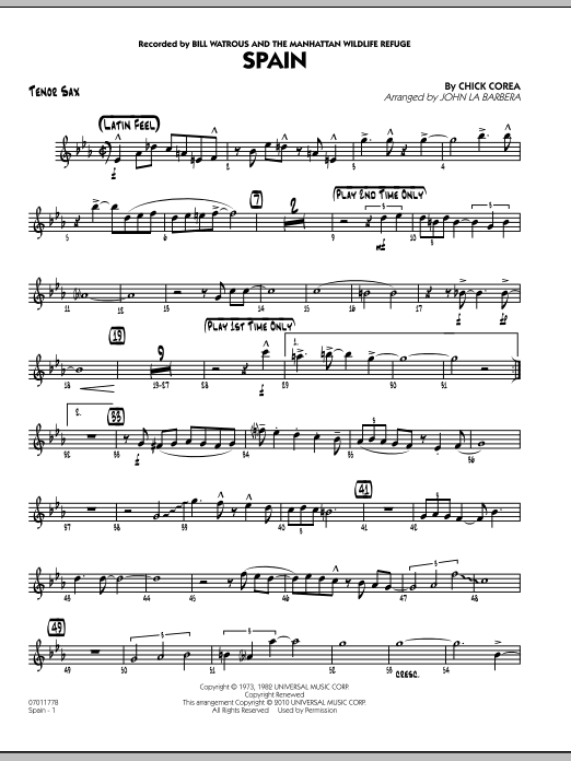 John La Barbera Spain - Tenor Sax sheet music preview music notes and score for Jazz Ensemble including 3 page(s)