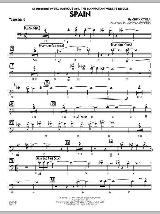 Learn to play John La Barbera Spain - Trombone 2 sheet music for Jazz Ensemble in minutes. John La Barbera Spain - Trombone 2 sheet music preview music notes and score for Jazz Ensemble including 2 page(s)